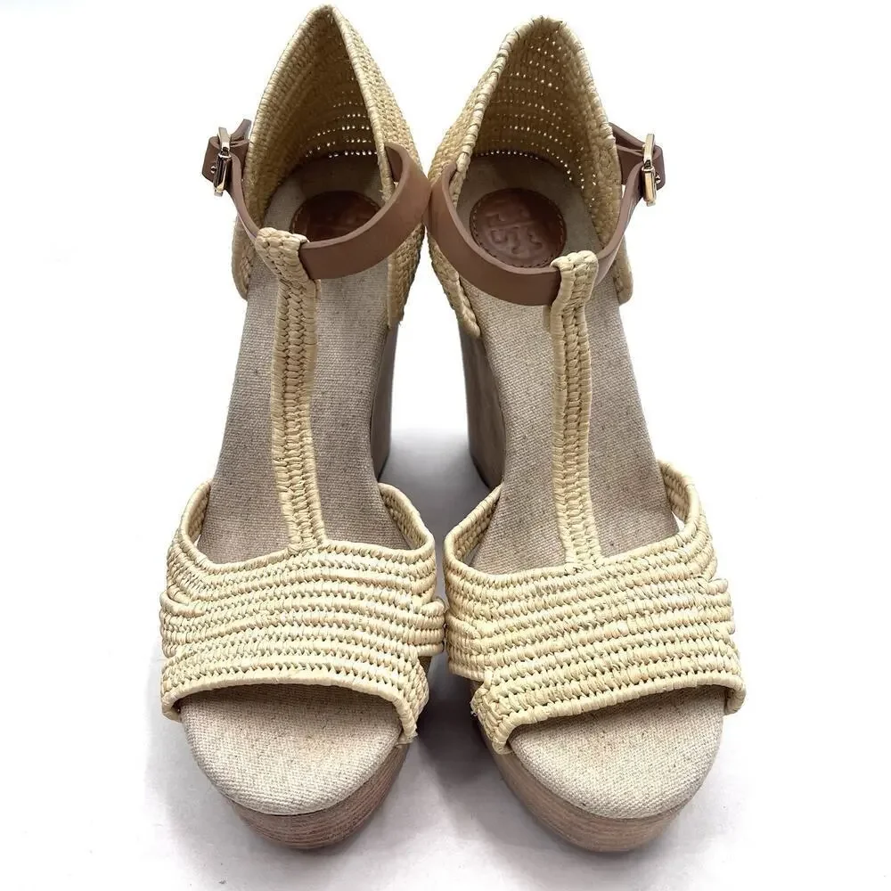 Tory Burch Natural Tan Beige Rattan Carina High Wedge Sandals Womens 8